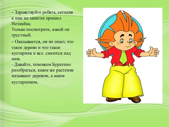 - Здравствуйте ребята, сегодня к нам на занятие пришел Незнайка. Только