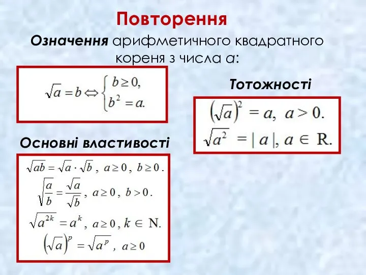 Означення арифметичного квадратного кореня з числа а: Тотожності Основні властивості Повторення