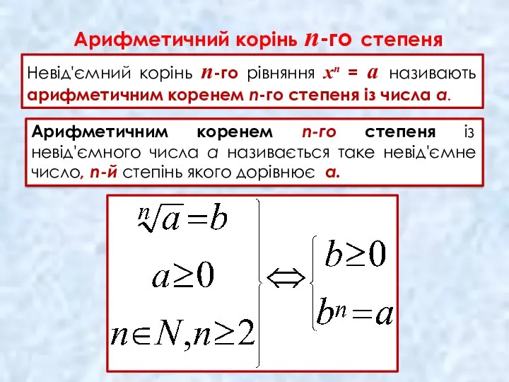 Арифметичний корінь п-го степеня Невід'ємний корінь п-го рівняння хn = а