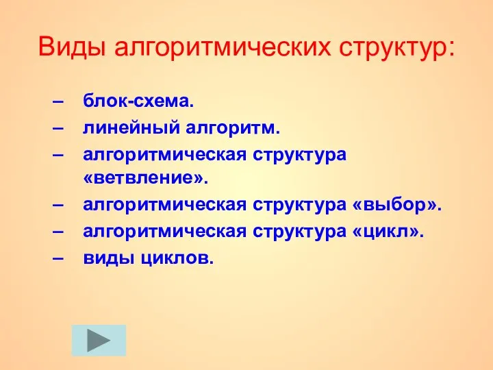 Виды алгоритмических структур: блок-схема. линейный алгоритм. алгоритмическая структура «ветвление». алгоритмическая структура