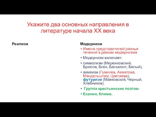 Укажите два основных направления в литературе начала ХХ века Реализм Модернизм