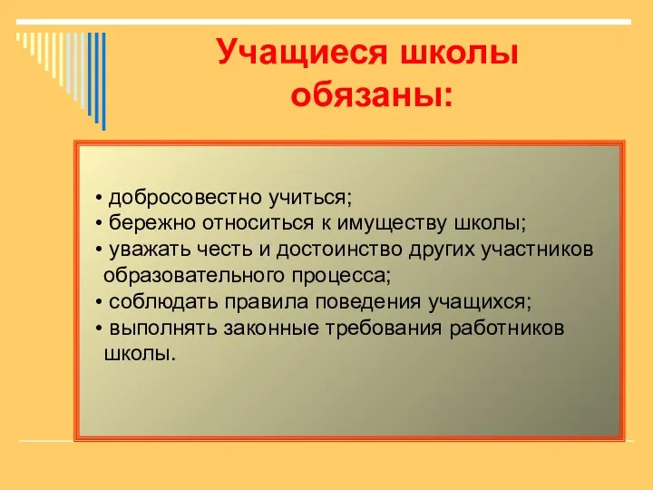 Учащиеся школы обязаны: добросовестно учиться; бережно относиться к имуществу школы; уважать