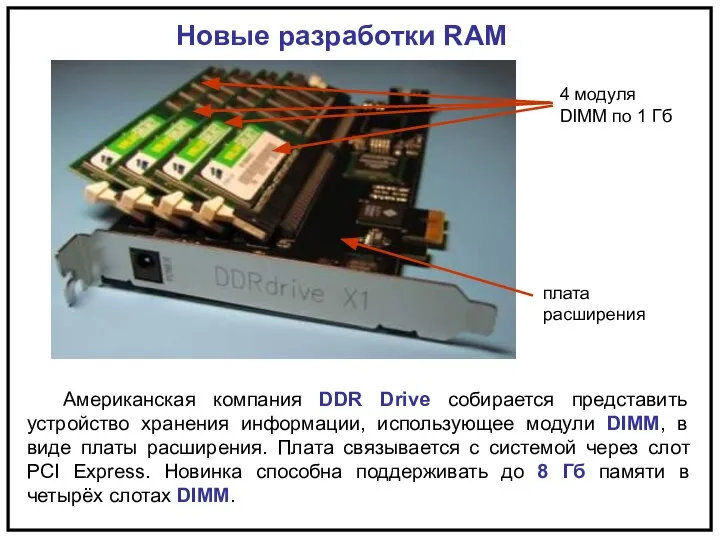 Новые разработки RAM Американская компания DDR Drive собирается представить устройство хранения