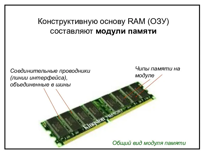 Общий вид модуля памяти Чипы памяти на модуле Соединительные проводники (линии