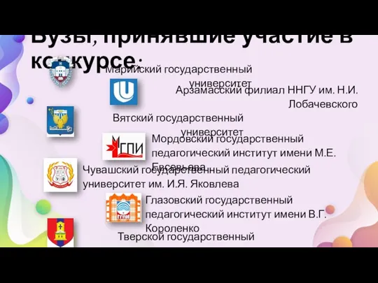 Вузы, принявшие участие в конкурсе: Марийский государственный университет Арзамасский филиал ННГУ