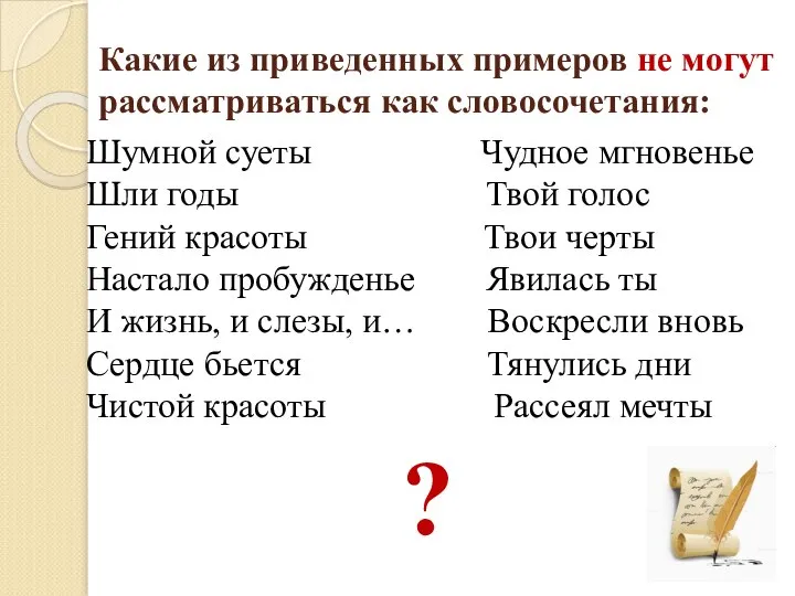 Какие из приведенных примеров не могут рассматриваться как словосочетания: Шумной суеты