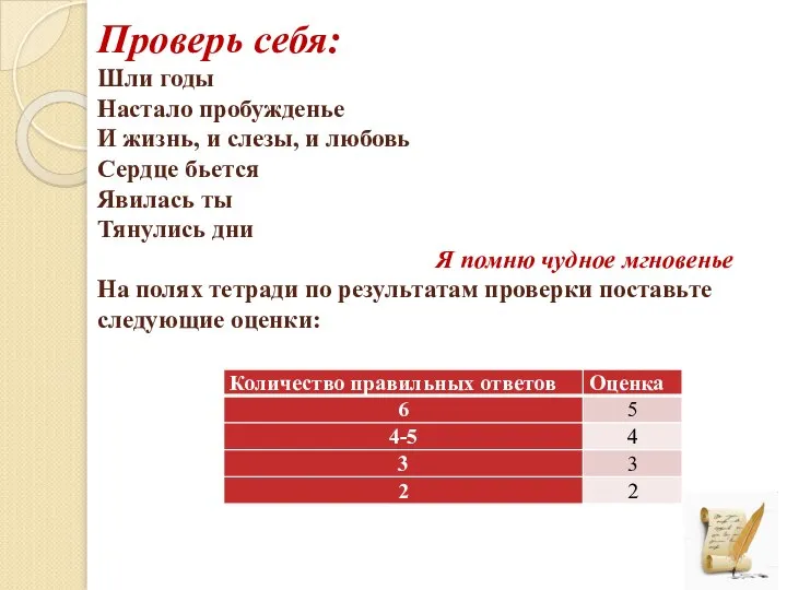 Проверь себя: Шли годы Настало пробужденье И жизнь, и слезы, и