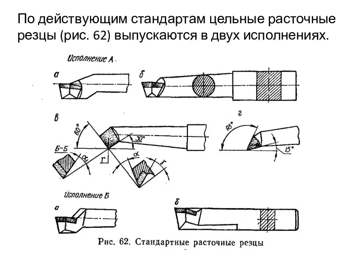 По действующим стандартам цельные расточные резцы (рис. 62) выпускаются в двух исполнениях.