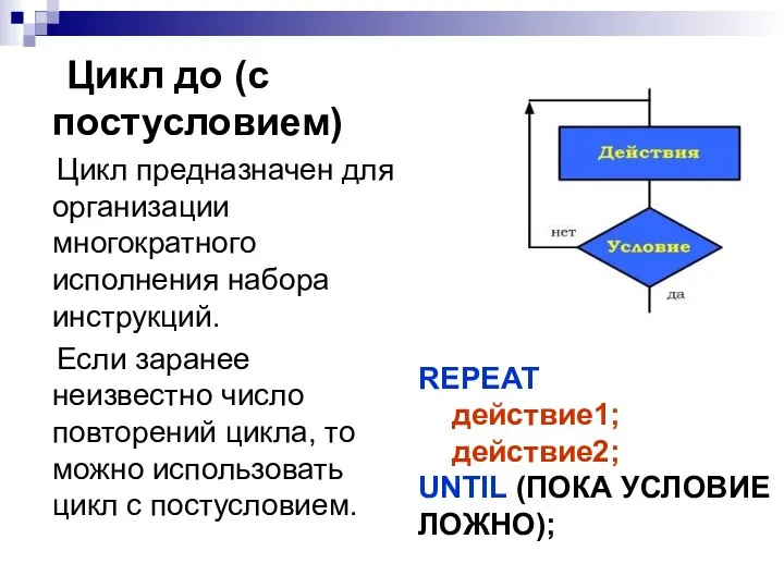 Цикл до (с постусловием) Цикл предназначен для организации многократного исполнения набора