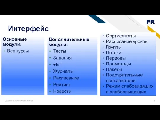 Интерфейс Добавить нижний колонтитул Основные модули: Все курсы Дополнительные модули: Тесты