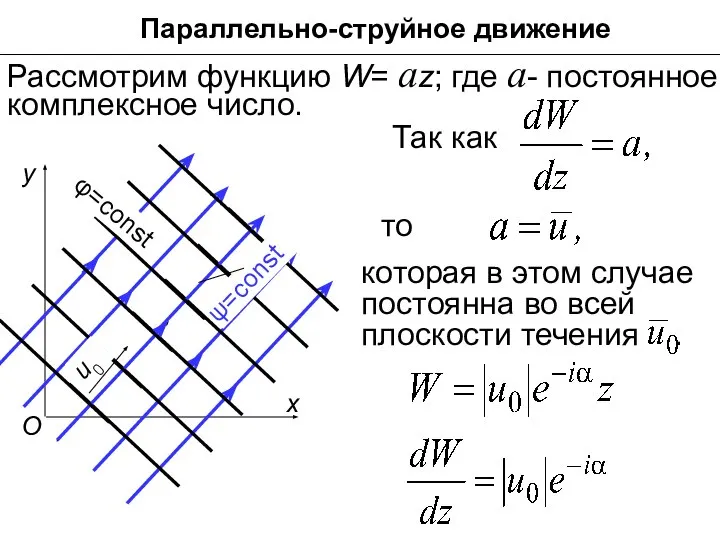 Параллельно-струйное движение Рассмотрим функцию W= az; где а- постоянное комплексное число.