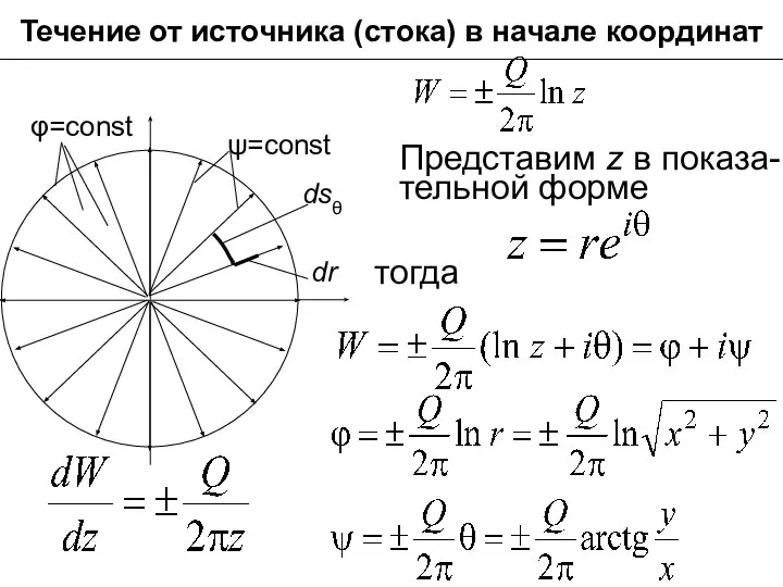 Течение от источника (стока) в начале координат dsθ Представим z в показа-тельной форме тогда