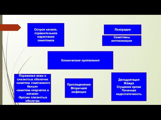 Клинические проявления Острое начало, стремительное нарастание симптомов Лихорадка Поражение кожи и