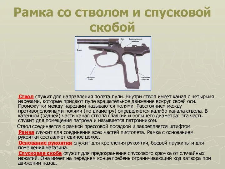 Рамка со стволом и спусковой скобой Ствол служит для направления полета