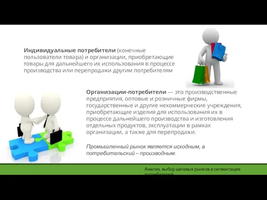 Индивидуальные потребители (конечные пользователи товара) и организации, приобретающие товары для дальнейшего