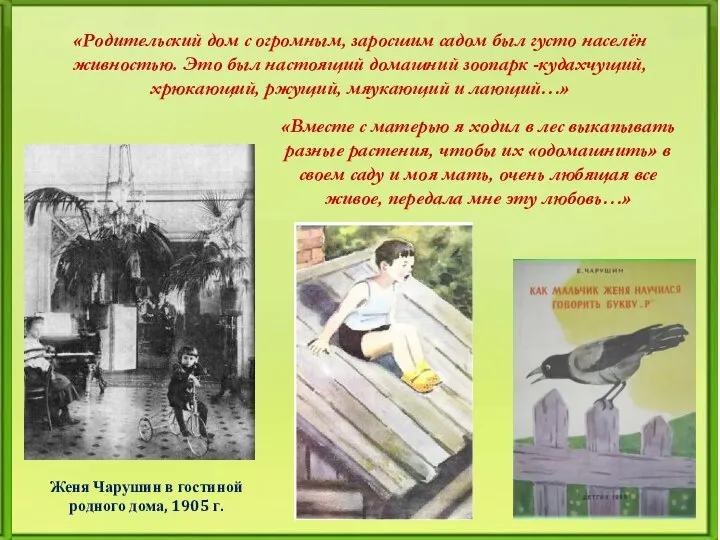 «Родительский дом с огромным, заросшим садом был густо населён живностью. Это