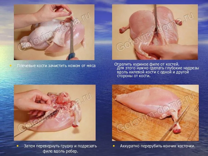 Плечевые кости зачистить ножом от мяса Отделить куриное филе от костей.
