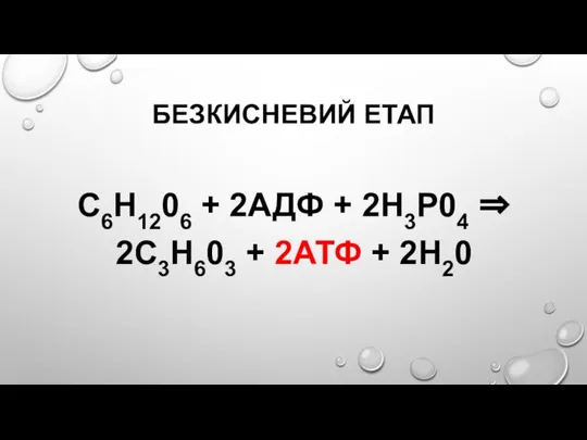 БЕЗКИСНЕВИЙ ЕТАП С6Н1206 + 2АДФ + 2Н3Р04 ⇒ 2С3Н603 + 2АТФ + 2Н20