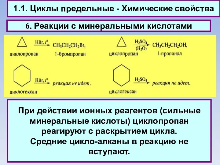 1.1. Циклы предельные - Химические свойства 6. Реакции с минеральными кислотами