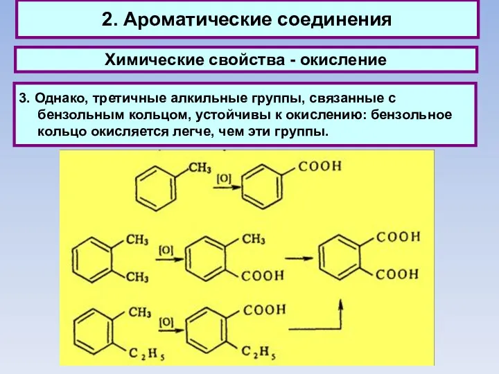 2. Ароматические соединения Химические свойства - окисление 3. Однако, третичные алкильные
