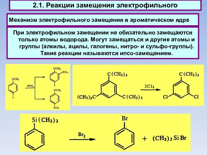 Механизм электрофильного замещения в ароматическом ядре 2.1. Реакции замещения электрофильного При