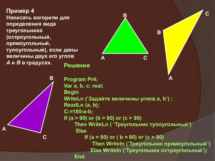 * Решение Program Pr4; Var a, b, c: real; Begin WriteLn