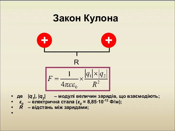 Закон Кулона де |q1|, |q2| – модулі величин зарядів, що взаємодіють;