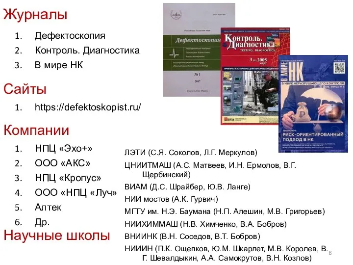 Журналы Дефектоскопия Контроль. Диагностика В мире НК Сайты https://defektoskopist.ru/ Компании НПЦ