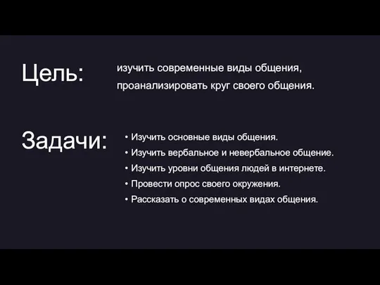 изучить современные виды общения, проанализировать круг своего общения. Цель: Задачи: Изучить