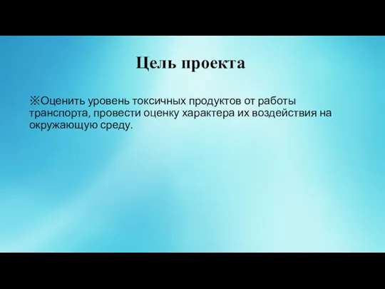 Цель проекта ※Оценить уровень токсичных продуктов от работы транспорта, провести оценку