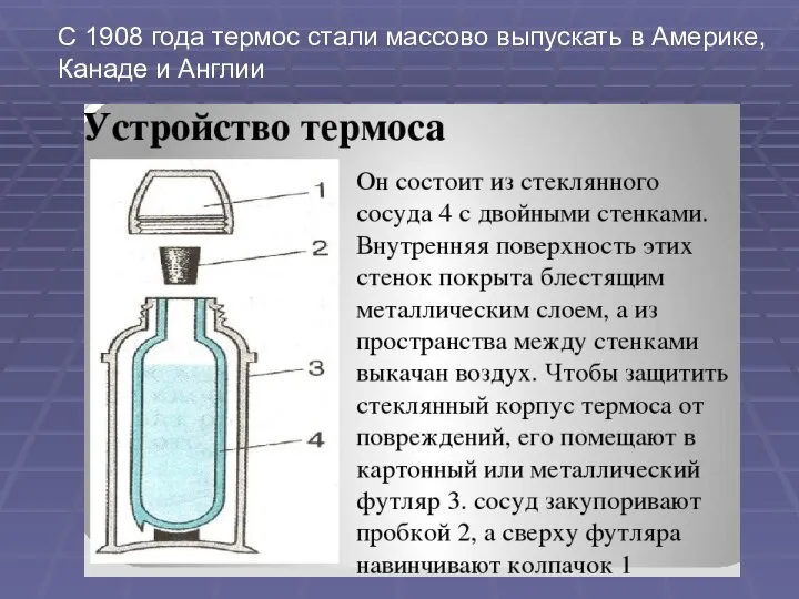 С 1908 года термос стали массово выпускать в Америке, Канаде и Англии