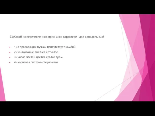 23)Какой из перечисленных признаков характерен для однодольных? 1) в проводящих пучках