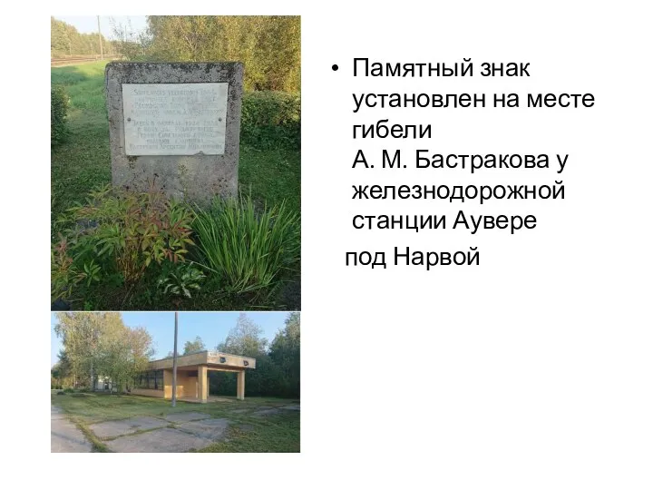 Памятный знак установлен на месте гибели А. М. Бастракова у железнодорожной станции Аувере под Нарвой
