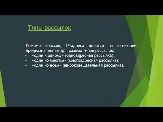 Типы рассылок Помимо классов, IP-адреса делятся на категории, предназначенные для разных