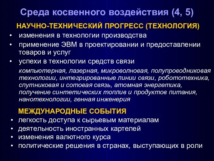 Среда косвенного воздействия (4, 5) НАУЧНО-ТЕХНИЧЕСКИЙ ПРОГРЕСС (ТЕХНОЛОГИЯ) изменения в технологии