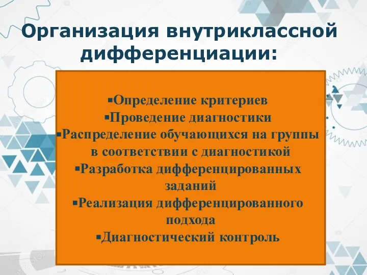 Организация внутриклассной дифференциации: Определение критериев Проведение диагностики Распределение обучающихся на группы