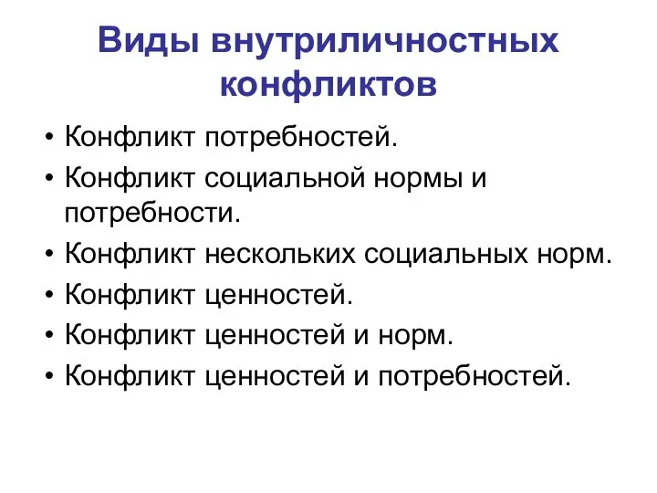 Виды внутриличностных конфликтов Конфликт потребностей. Конфликт социальной нормы и потребности. Конфликт