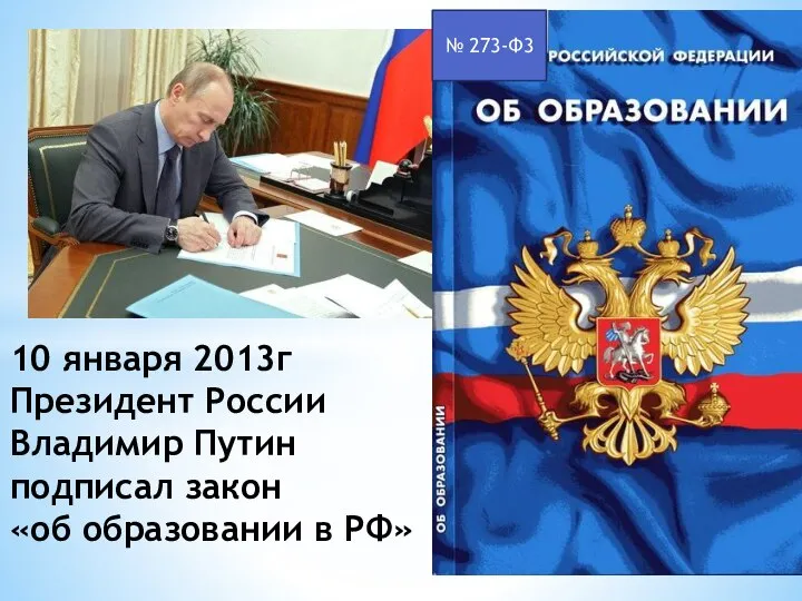 10 января 2013г Президент России Владимир Путин подписал закон «об образовании в РФ» № 273-Ф3