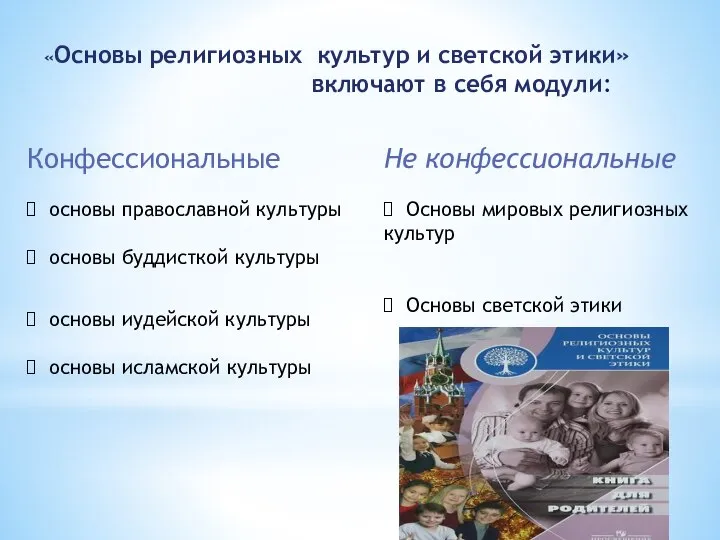 «Основы религиозных культур и светской этики» включают в себя модули: Конфессиональные