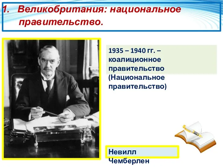 Великобритания: национальное правительство. 1935 – 1940 гг. – коалиционное правительство (Национальное правительство) Невилл Чемберлен