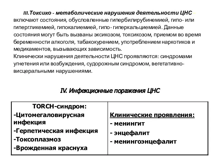 III.Токсико - метаболические нарушения деятельности ЦНС – включают состояния, обусловленные гипербилирубинемией,