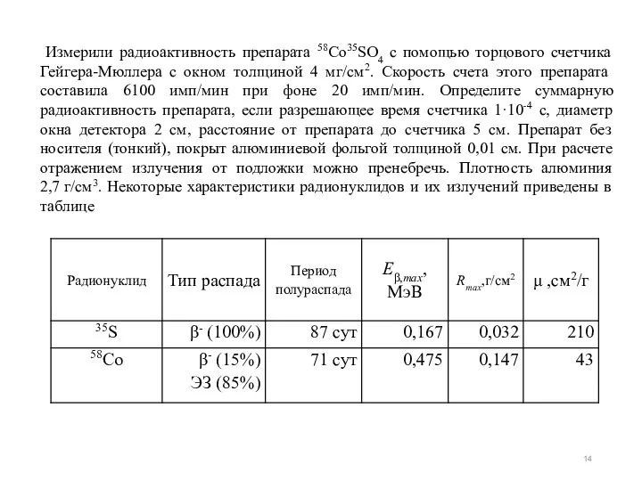 Измерили радиоактивность препарата 58Co35SO4 с помощью торцового счетчика Гейгера-Мюллера с окном