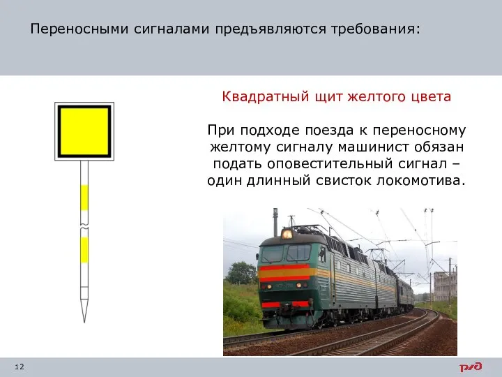 Квадратный щит желтого цвета При подходе поезда к переносному желтому сигналу