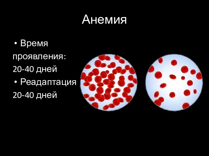 Анемия Время проявления: 20-40 дней Реадаптация 20-40 дней