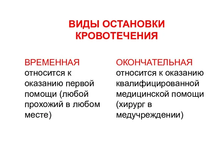 ВИДЫ ОСТАНОВКИ КРОВОТЕЧЕНИЯ ВРЕМЕННАЯ относится к оказанию первой помощи (любой прохожий