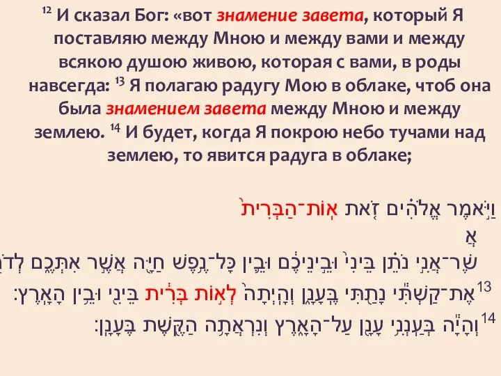 12 И сказал Бог: «вот знамение завета, который Я поставляю между