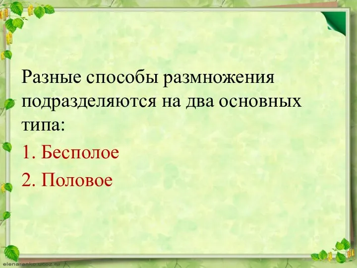 Разные способы размножения подразделяются на два основных типа: 1. Бесполое 2. Половое