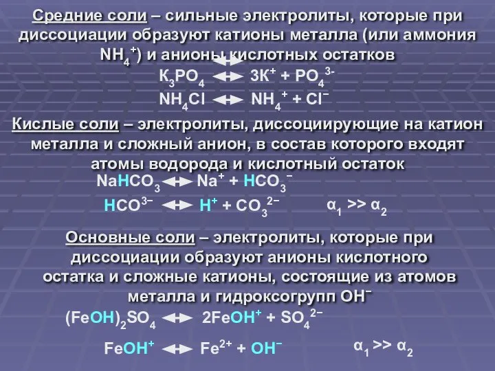 Средние соли – сильные электролиты, которые при диссоциации образуют катионы металла