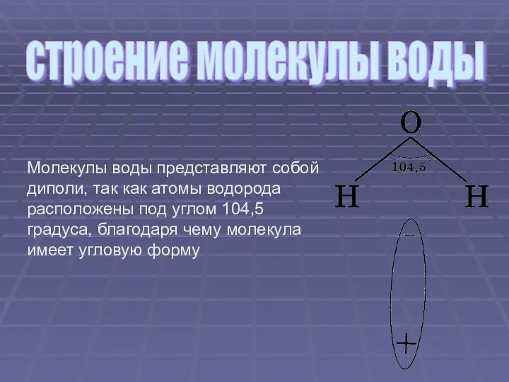 Молекулы воды представляют собой диполи, так как атомы водорода расположены под