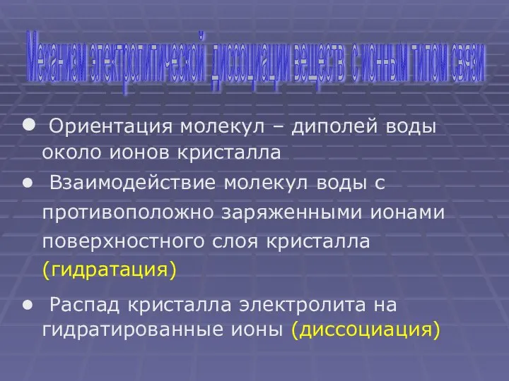 Ориентация молекул – диполей воды около ионов кристалла Взаимодействие молекул воды